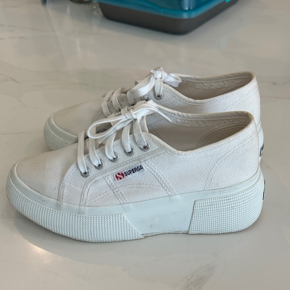 Superga White Canvas Platform Sneakers